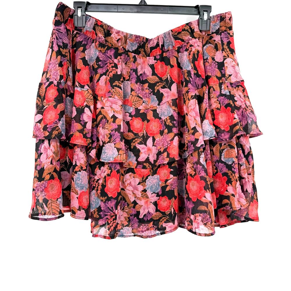 Torrid Size 2 2XL Tiered Mini Skirt Floral Allover Print Lined Black Pink Purple